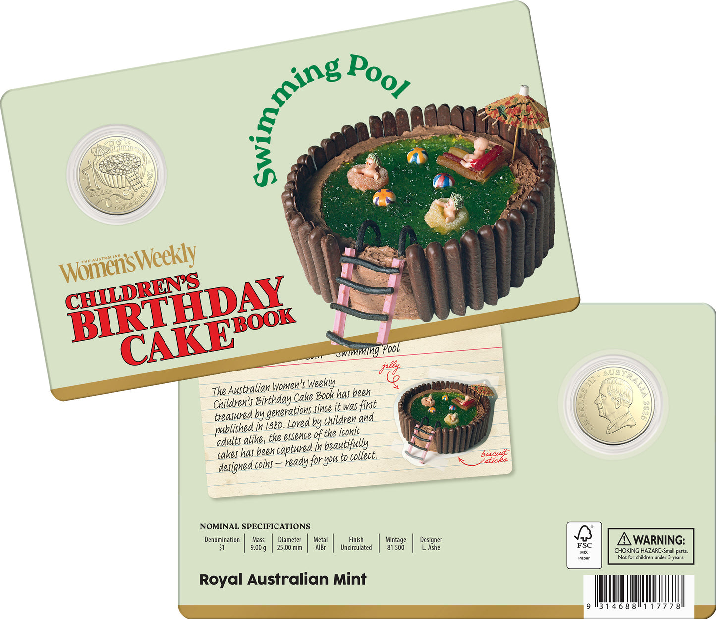 AWW BIRTHDAY CAKE SWIMMING POOL 2025 $1 UNCIRCULATED COIN IN CARD