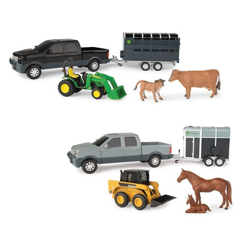 JOHN DEERE 1:32 PICKUP & LIVESTOCK TRAILER SET ASST