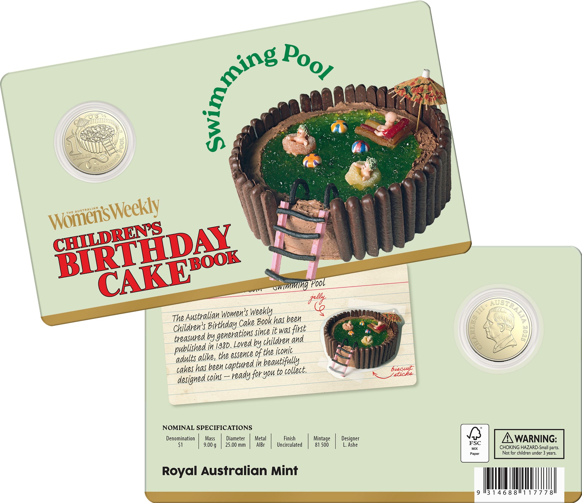 AWW BIRTHDAY CAKE SWIMMING POOL 2025 $1 UNCIRCULATED COIN IN CARD