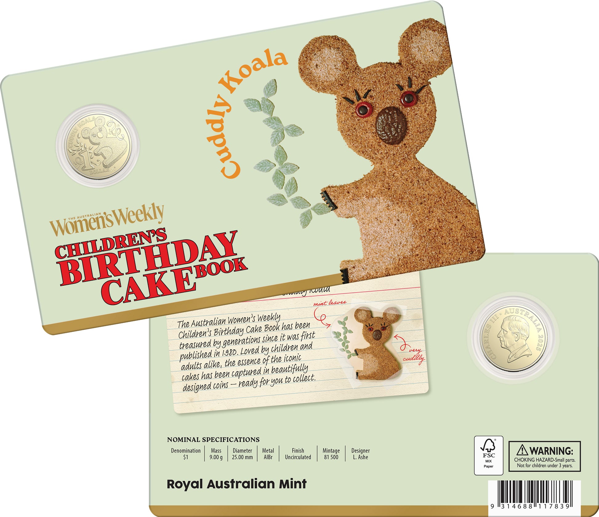 AWW BIRTHDAY CAKE CUDDLY KOALA 2025 $1 UNCIRULATED COIN IN CARD
