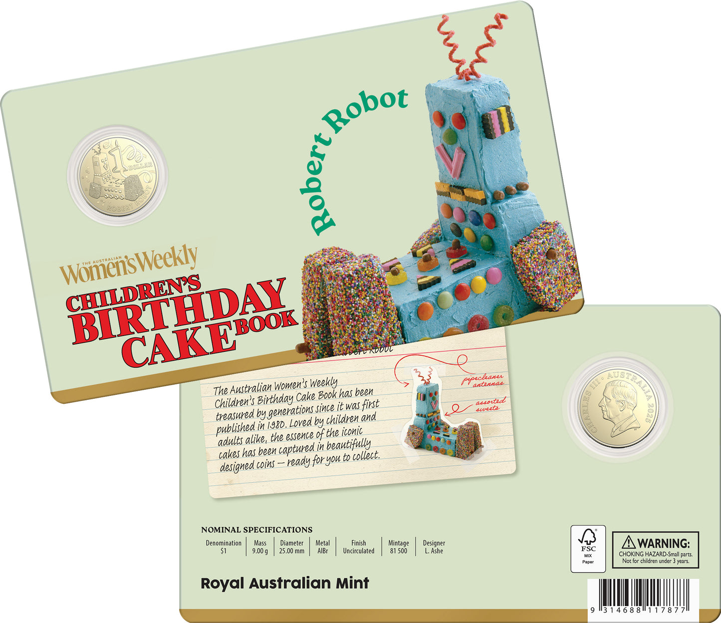 AWW  BIRTHDAY CAKE ROBERT ROBOT 2025 $1 UNCIRCULATED COIN IN CARD