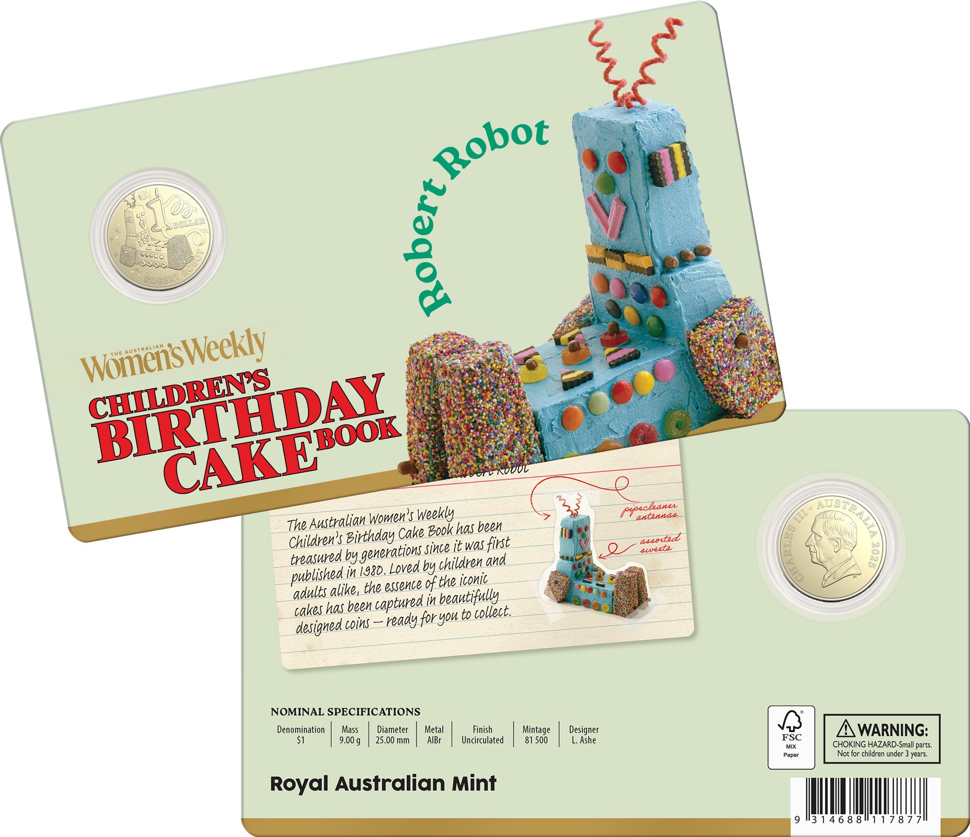 AWW  BIRTHDAY CAKE ROBERT ROBOT 2025 $1 UNCIRCULATED COIN IN CARD