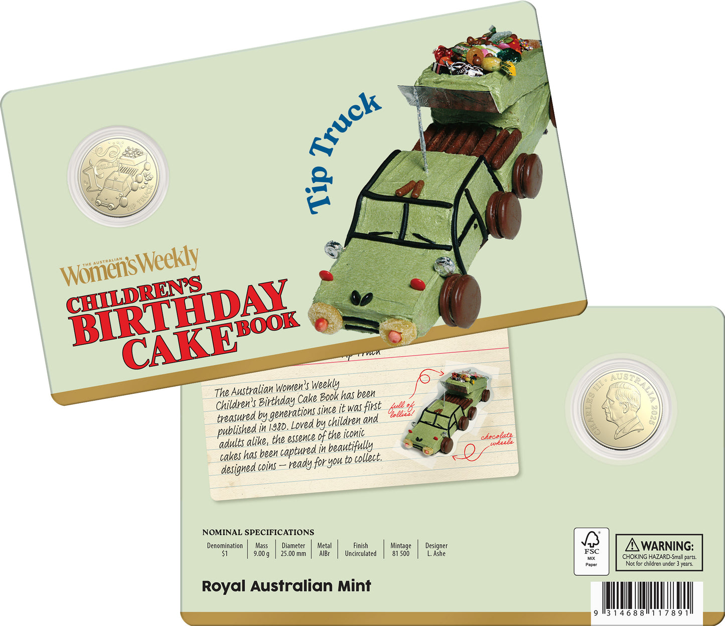 AWW BIRTHDAY CAKE TIP TRUCK 2025 $1 UNCIRCULATED COIN IN CARD