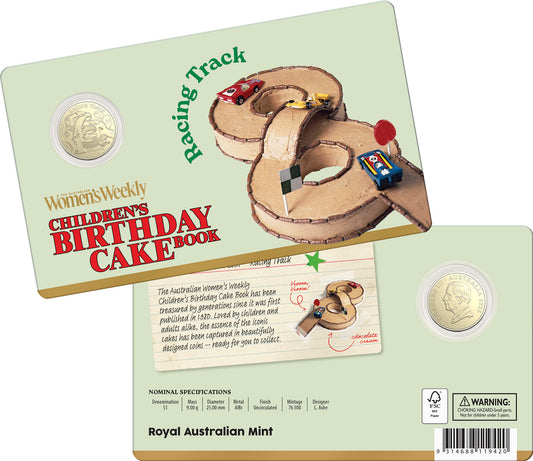 AWW BIRTHDAY CAKE RACING TRACK 2025 $1 UNCIRCULATED COIN IN CARD